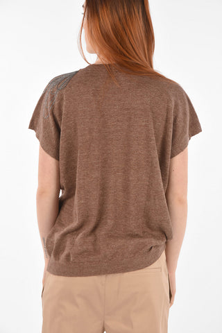 Maglia Senza Maniche in Lino e Cotone con Ricamo Gioiello