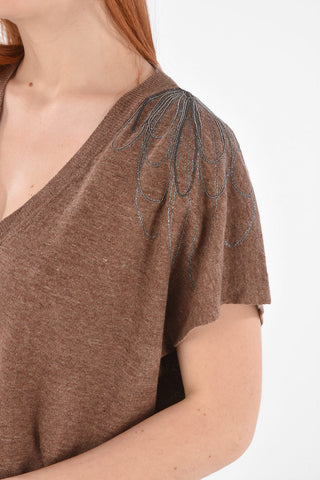 Maglia Senza Maniche in Lino e Cotone con Ricamo Gioiello