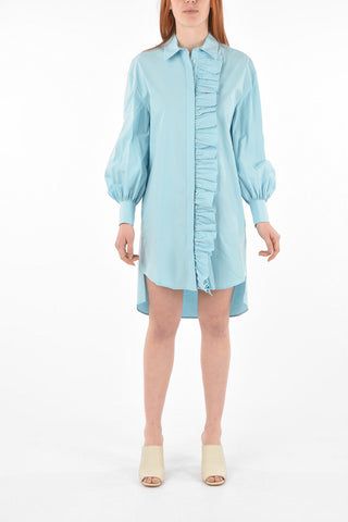 Asymmetric Ruffle Front Cotton Shirt Dress