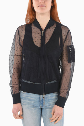 Multipocket Polka Dot Patterned Tulle Bomber Jacket