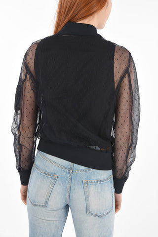 Multipocket Polka Dot Patterned Tulle Bomber Jacket