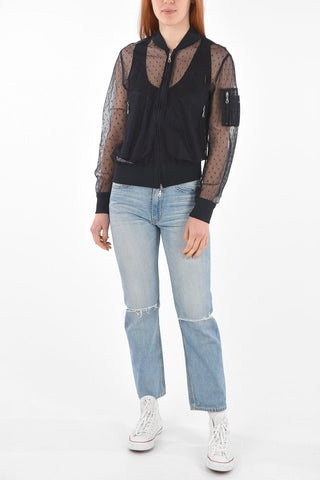 Multipocket Polka Dot Patterned Tulle Bomber Jacket