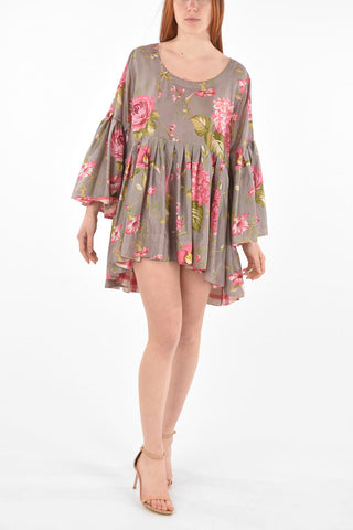 Flared Sleeve Floral Patterned Asymmetric Silk Dress