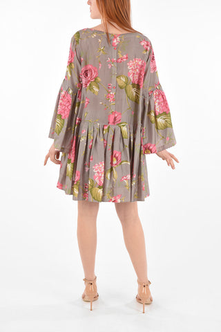 Flared Sleeve Floral Patterned Asymmetric Silk Dress