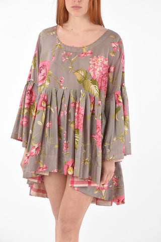 Flared Sleeve Floral Patterned Asymmetric Silk Dress