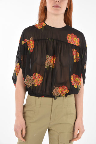 Batwing-sleeved Floral Patterned Silk Blouse