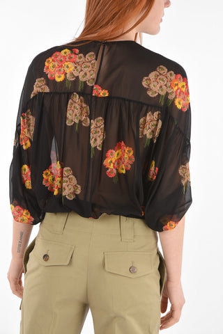 Batwing-sleeved Floral Patterned Silk Blouse
