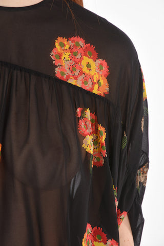 Batwing-sleeved Floral Patterned Silk Blouse