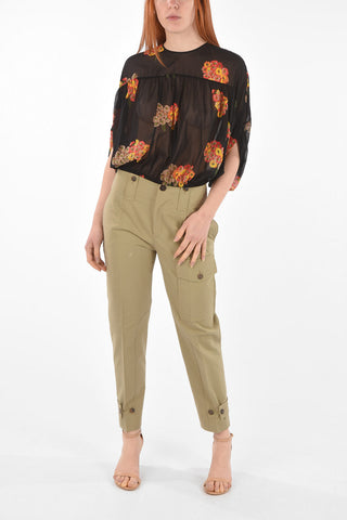 Batwing-sleeved Floral Patterned Silk Blouse