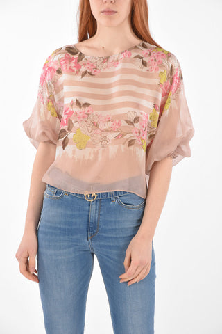 Blusa in Seta con Maniche a Sbuffo e Motivo Floreale