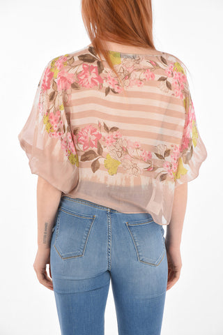 Blusa in Seta con Maniche a Sbuffo e Motivo Floreale