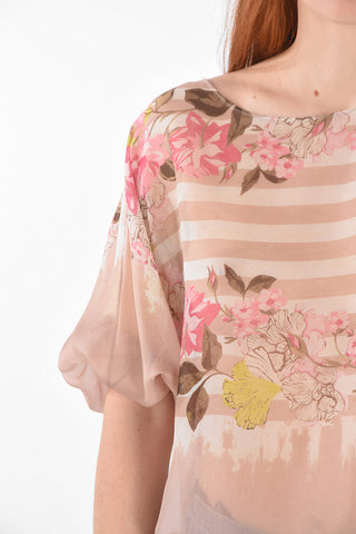Blusa in Seta con Maniche a Sbuffo e Motivo Floreale