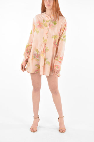 Mandarin Collar Floral Patterned Silk Shirt Dress
