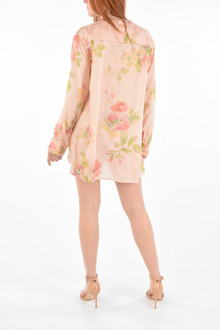 Mandarin Collar Floral Patterned Silk Shirt Dress