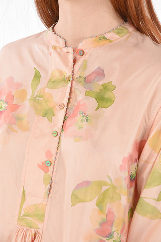 Mandarin Collar Floral Patterned Silk Shirt Dress