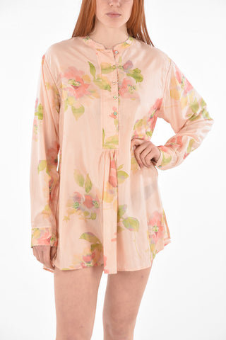 Mandarin Collar Floral Patterned Silk Shirt Dress
