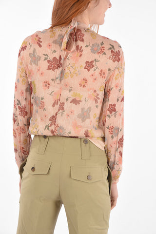 Tie Neck Floral Printed Silk and Lurex Blouse
