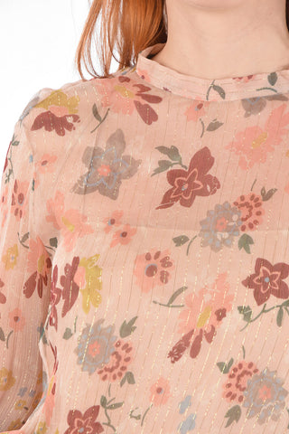 Tie Neck Floral Printed Silk and Lurex Blouse
