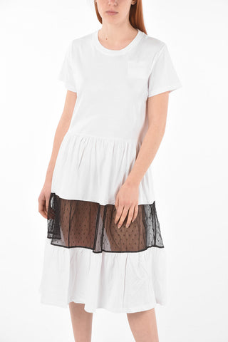 Crew Neck Short-sleeved Dress with Tulle Detail