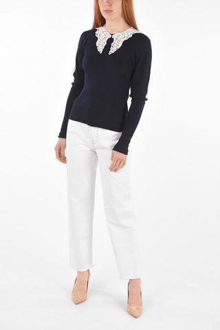 Lace Detail Ribbed Cotton Sweater