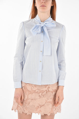 Tie Neck Awning Striped Shirt