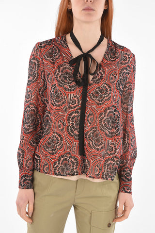 Tie Neck Geometric Patterned Stretch Silk Blouse