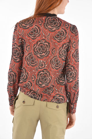 Tie Neck Geometric Patterned Stretch Silk Blouse