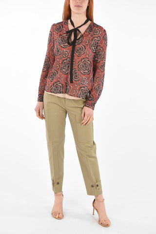 Tie Neck Geometric Patterned Stretch Silk Blouse