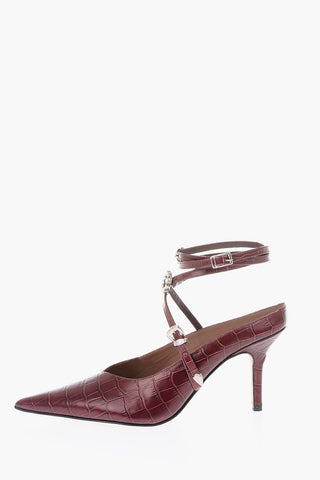 8cm crocodile effect leather lace up mules with point toe