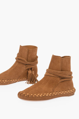 Suede Leather Ankle Boots Embellished with Straps with Logoed Tassels