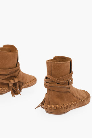 Suede Leather Ankle Boots Embellished with Straps with Logoed Tassels