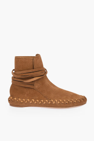 Suede Leather Ankle Boots Embellished with Straps with Logoed Tassels