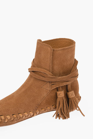 Suede Leather Ankle Boots Embellished with Straps with Logoed Tassels
