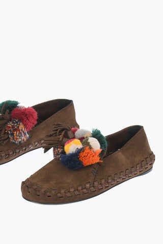 Suede Leather Loafers with Tassels and Pom-pom Detail