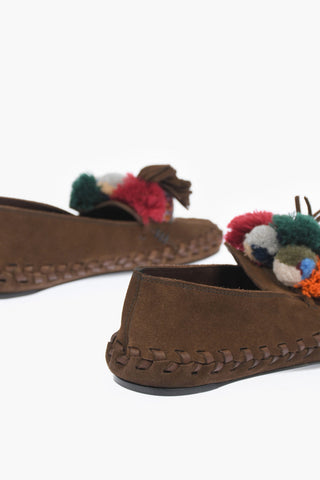 Suede Leather Loafers with Tassels and Pom-pom Detail