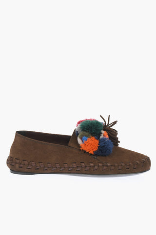 Suede Leather Loafers with Tassels and Pom-pom Detail
