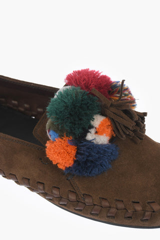 Suede Leather Loafers with Tassels and Pom-pom Detail