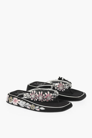 Satin Thong Slides with Floral Embellishments