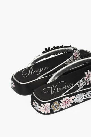 Satin Thong Slides with Floral Embellishments