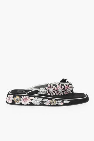 Satin Thong Slides with Floral Embellishments