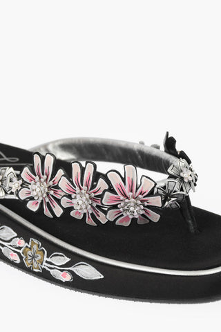 Satin Thong Slides with Floral Embellishments