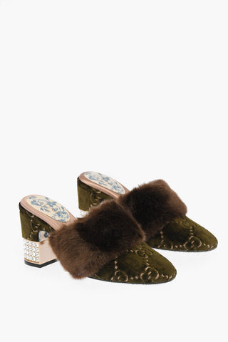 Velvet Mules with All-over Embroidered Monogram and Rhinestoned Heel 8,5 cm