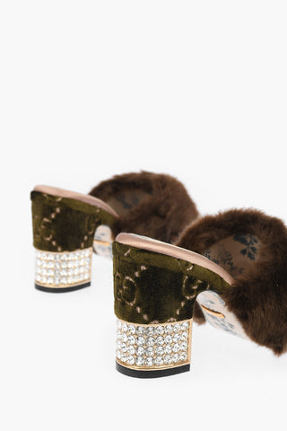 Velvet Mules with All-over Embroidered Monogram and Rhinestoned Heel 8,5 cm