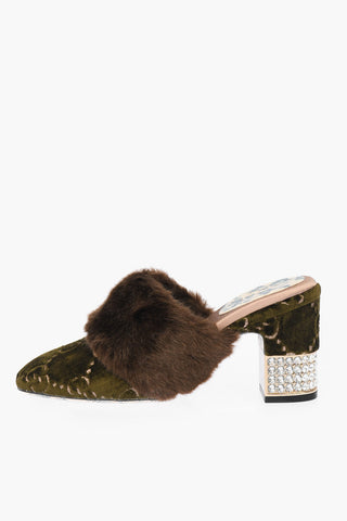 Velvet Mules with All-over Embroidered Monogram and Rhinestoned Heel 8,5 cm