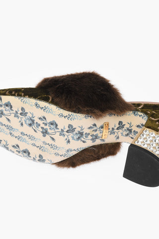 Velvet Mules with All-over Embroidered Monogram and Rhinestoned Heel 8,5 cm