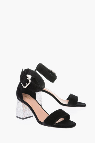 7cm suede leather ankle-strap sandals with glittery heel