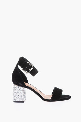7cm suede leather ankle-strap sandals with glittery heel