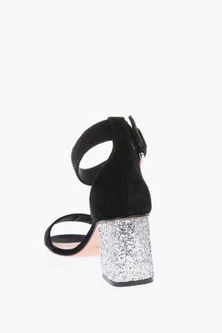 7cm suede leather ankle-strap sandals with glittery heel