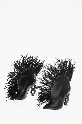 11cm leather IZABEL booties with chain-shape heel and feathers