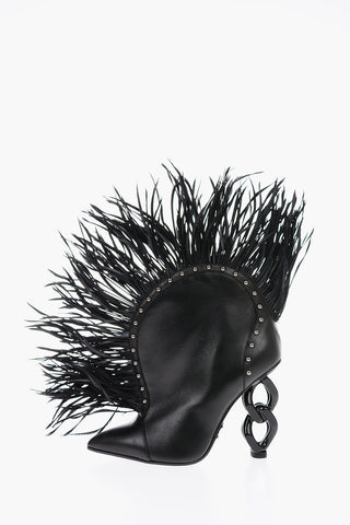 11cm leather IZABEL booties with chain-shape heel and feathers